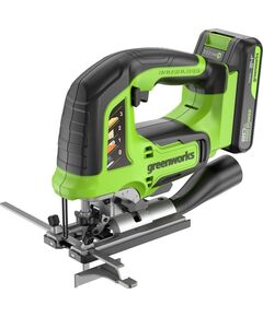 Акк. лобзик GREENWORKS GD24JS120, б/щет, 120 мм, 0-3500 об/мин, 4-ст. маятник, LED, 1х2 Ач, ЗУ, кор. (3601407CUA)