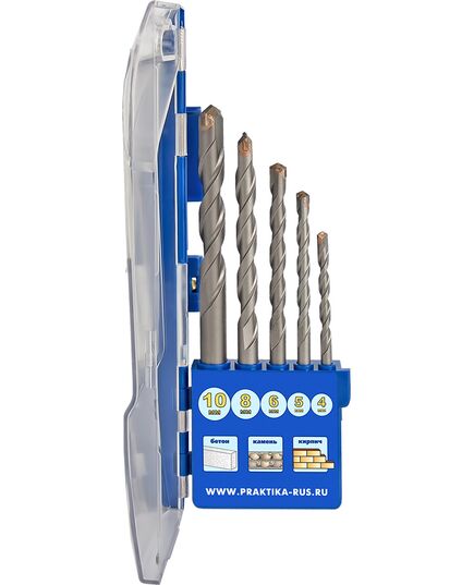 Набор сверл по бетону ПРАКТИКА 5шт 4,5,6,8,10мм ПРО-кассета (640-322) Профи, изображение 2