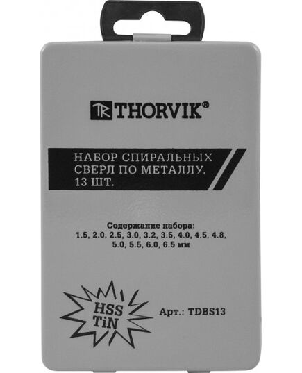 Набор спиральных сверл THORVIK, по металлу d1.5-6.5 мм, 13 предм. HSS TiN в металл. кейсе, TDBS13, изображение 2