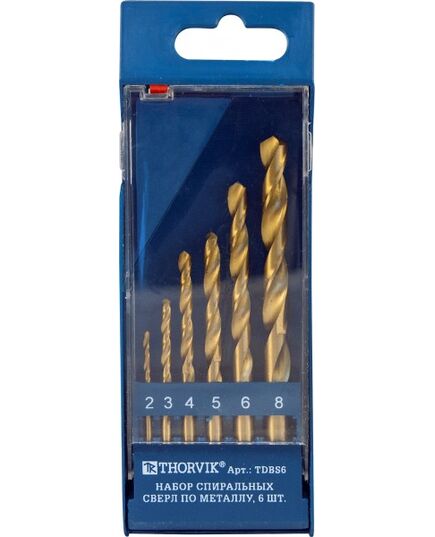 Набор спиральных сверл THORVIK, по металлу d2.0-8.0 мм, 6 предм. HSS TiN в пласт. кейсе, TDBS6, изображение 2