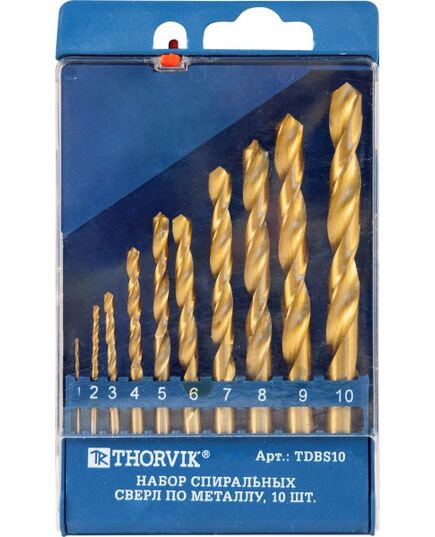 Набор спиральных сверл THORVIK, по металлу d1.0-10.0 мм, 10 предм. HSS TiN в пласт. кейсе, TDBS10, изображение 2