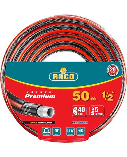 Шланг поливочный RACO PREMIUM 1/2″, 50м 40атм пятислойный, усиленный двумя слоями армирования (40300-1/2-50)