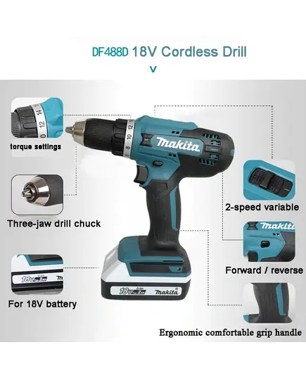 Аккумуляторная дрель-шуруповёрт MAKITA DF488D002, G-серия 18В, 2х1,5 Ач, ЗУ, изображение 3