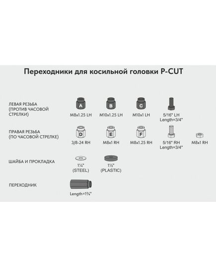 Головка триммерная VILLARTEC P-Cut 3, переходники М8х1.25 LH/RH, М10х1.25 LH, М10х1.0 LH, 5/16" LH/RH Length=3/4", 3/8-24 RH, М8х1 RH, М8х1 RH, Lengtр=1,3/4, изображение 3