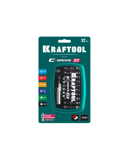 Набор бит KRAFTOOL C-Drive-32, 30 бит 25мм, PH, PZ, HEX, TORX, магнитный адаптер, переходник HEX 1/4" пл. бокс, (26067-H32)