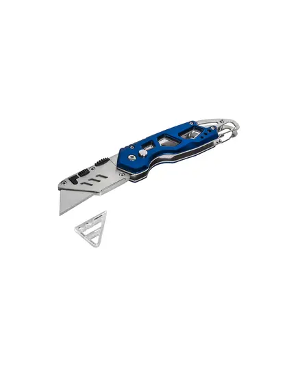 Нож технический КОБАЛЬТ складной, трапециевидное лезвие 19 мм, корпус из нерж.стали, алюм.рук-а, быстрая смена лезвий, блистер (918-299), изображение 2