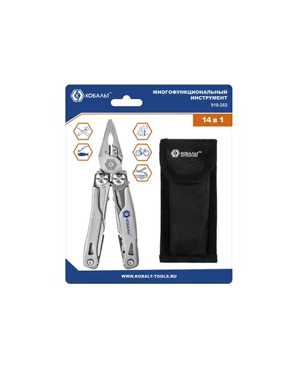 Мультиинструмент КОБАЛЬТ 14 в 1, корпус из нерж.стали, 2-х комп. рукоятки из алюминия и ABS пластика, чехол для хранения, блистер (918-282), изображение 6