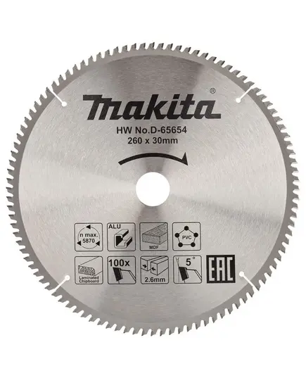 Диск пильный MAKITA 260x30x2.6/1.8x100T, универсальный для алюминия/дерева/пластика, изображение 2