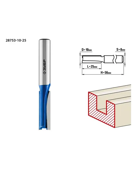 Фреза ЗУБР пазовая прямая ф.10 х25мм хв. 8мм H-56мм (28753-10-25), изображение 2
