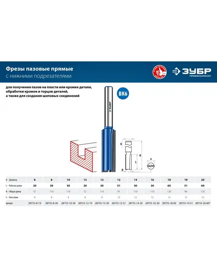 Фреза ЗУБР пазовая прямая ф.18 х60мм хв. 12мм H-120мм с нижними подрез. ножами (28755-18-60), изображение 4