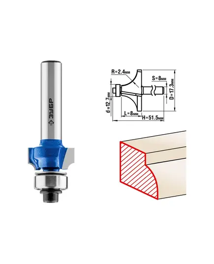Фреза ЗУБР кромочная калевочная ф.17.3 х8мм хв.8мм R2,4мм подшипник 12.7мм (28701-17.3), изображение 3