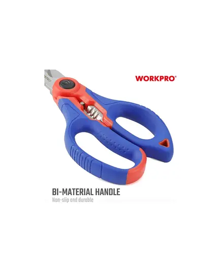 Ножницы WORKPRO для электрика, 167 мм, лезвия из нержавеющей стали твердостью HRC52-60, 5 отверстий для зачистки 10-18 AWG, (WP294003), изображение 2