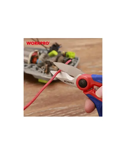 Ножницы WORKPRO для электрика, 167 мм, лезвия из нержавеющей стали твердостью HRC52-60, 5 отверстий для зачистки 10-18 AWG, (WP294003), изображение 4