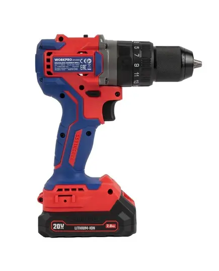 Дрель-шуруповерт аккумуляторная, бесщеточная 20 Вольт, аккумулятор 2.0 Aч WORKPRO, изображение 3