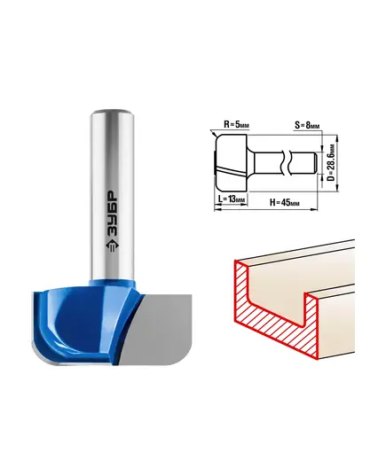 Фреза ЗУБР пазовая фасонная ф 28.6х13 мм, хв. 8 мм, R 5 мм (28746-28.6), изображение 4