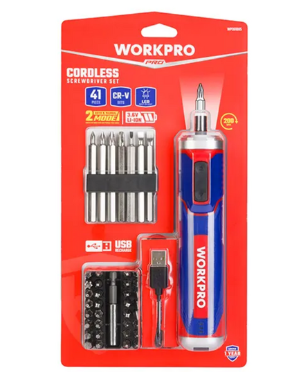 Отвертка аккумуляторная, 3,6 Вольт, с набором бит 41 шт WORKPRO