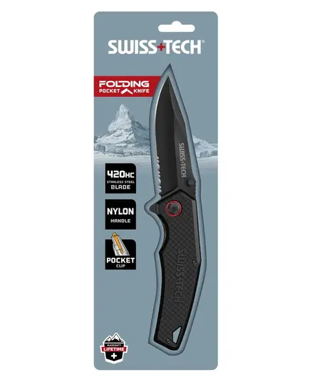 Нож складной 10 cм с черным зубчатым лезвием, нейлоновая рукоятка SWISS+TECH, изображение 4