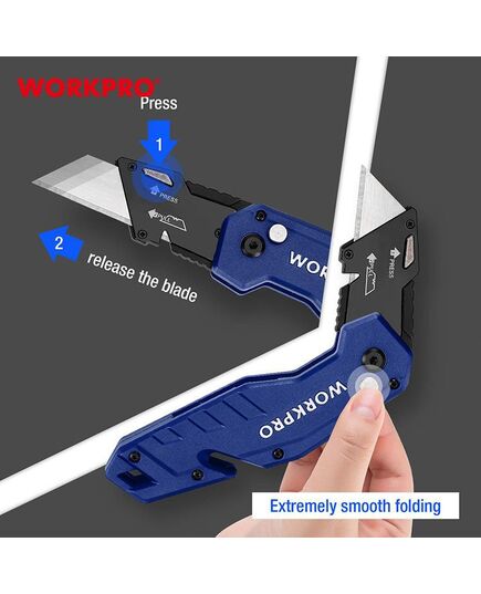 Нож складной металлический (быстр замена лезвия) синий  WORKPRO, изображение 5 от магазина Планета Инструмент Нож складной металлический (быстр замена лезвия) синий  WORKPRO, изображение 5