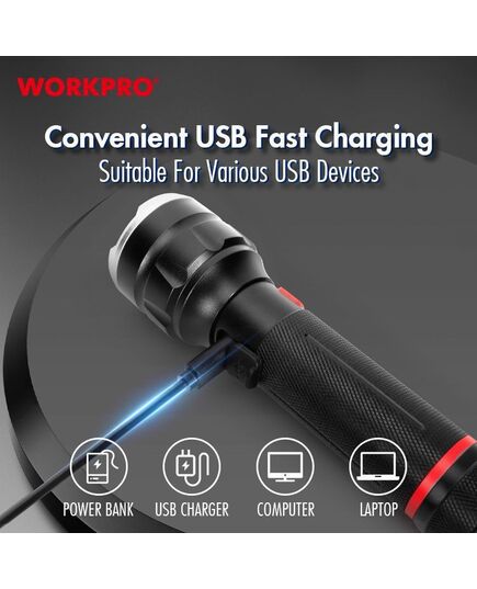 Фонарик светодиодный WORKPRO 370-750LM, перезаряжаемый, изображение 4