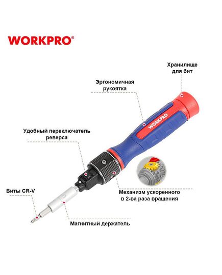 Отвертка WORKPRO с набором бит 9 шт, двойной привод, изображение 2