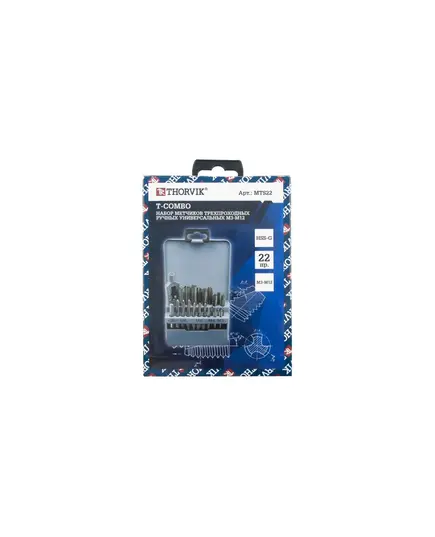 Набор метчиков THORVIK T-COMBO, трехпроходных ручных универсальных М3-М12, HSS-G, 22 предмета, мет. кейс, (MTS22), изображение 5