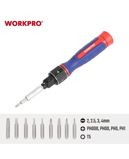 Отвертка WORKPRO с набором бит 9 шт, двойной привод, изображение 3