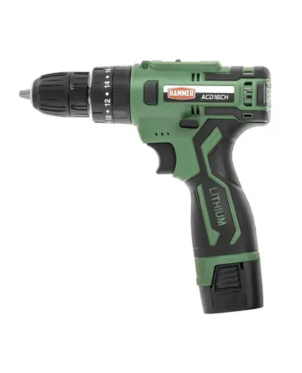 Аккумуляторная дрель ударная Hammer ACD16CH, 16 В, 2x2 Ач Li-ION, 10 мм, 0-350/0-1350 об/мин, 30 Нм, кейс