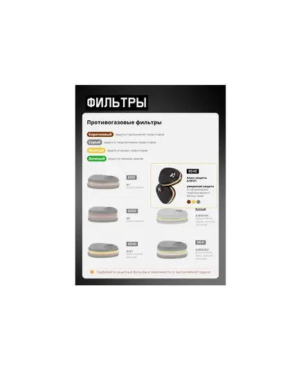 Фильтр JETA SAFETY 6542, противогазовый для защиты от органических, неорганических, кислых газов класса A1B1E1 (2 шт), изображение 5 от магазина Планета Инструмент Фильтр JETA SAFETY 6542, противогазовый для защиты от органических, неорганических, кислых газов класса A1B1E1 (2 шт), изображение 5