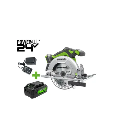 Аккумуляторная пила дисковая GREENWORKS GD24CS165, б/щет,165х20 мм, 4800 об/мин, рез 57 мм, 1х4 Ач, ЗУ, короб (1501607CUB), изображение 2