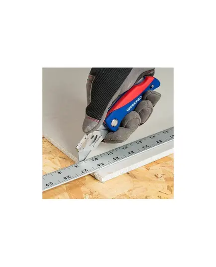 Нож WORKPRO складной + 6 лезвий, Прорезиненный упор для большого пальца Механизм быстрой смены Запирающееся лезвие Лезвия хранятся в рукоятке из легк, изображение 8