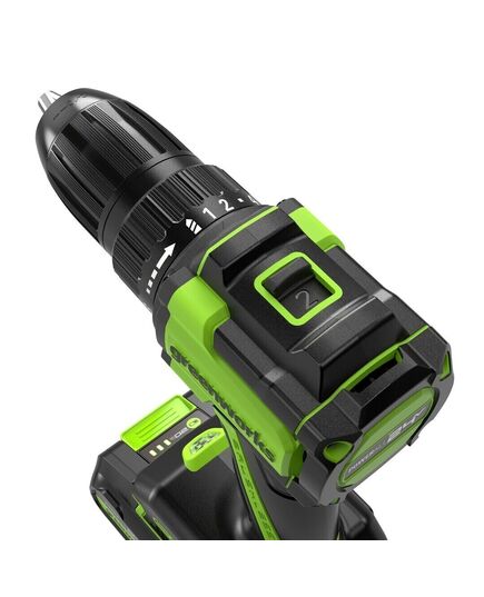 Акк. шуруповерт GREENWORKS DD345, 24В, 2х2 Ач, 27/45 Нм, 0-450/1850 об/мин, БЗП 13 мм, бесщёточный, ЗУ, коробка (3708307CUC), изображение 5