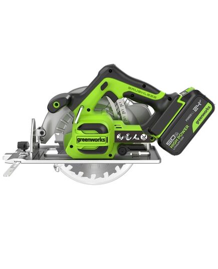 Акк. пила дисковая GREENWORKS GD24CS, б/щет, 185х20 мм, 4500 об/мин, рез 63 мм, 5 Ач, ЗУ, коробка (1500907CUG), изображение 3