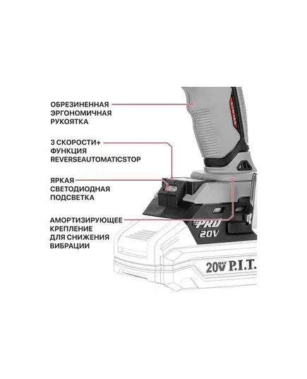 Акк. гайковерт P.I.T. PIW20H-600A SOLO, бесщеточный, 20 В, 600 Нм, 1/2", 3 ск, 0-2800 уд/мин, изображение 3