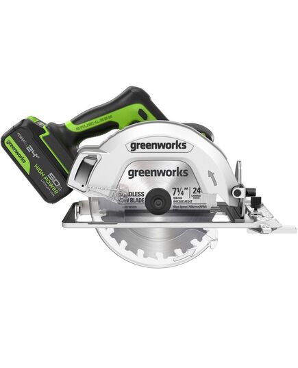 Акк. пила дисковая GREENWORKS GD24CS, б/щет, 185х20 мм, 4500 об/мин, рез 63 мм, 5 Ач, ЗУ, коробка (1500907CUG), изображение 2