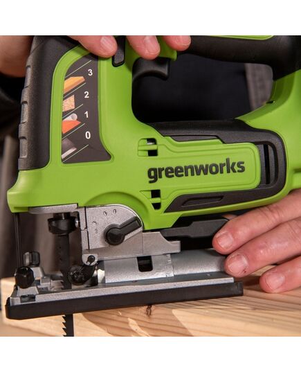 Акк. лобзик GREENWORKS GD24JS120, б/щет, 120 мм, 0-3500 об/мин, 4-ст. маятник, LED, 1х2 Ач, ЗУ, кор. (3601407CUA), изображение 13