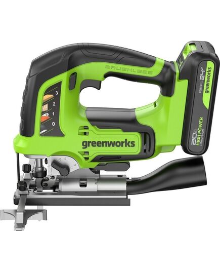 Акк. лобзик GREENWORKS GD24JS120, б/щет, 120 мм, 0-3500 об/мин, 4-ст. маятник, LED, 1х2 Ач, ЗУ, кор. (3601407CUA), изображение 2
