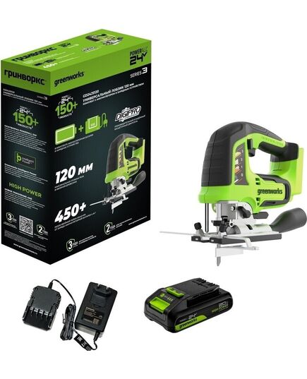 Акк. лобзик GREENWORKS GD24JS120, б/щет, 120 мм, 0-3500 об/мин, 4-ст. маятник, LED, 1х2 Ач, ЗУ, кор. (3601407CUA), изображение 8