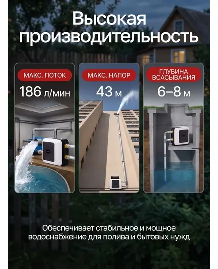 Насосная станция ZEGOR TBOX-1085, 850 Вт, макс.напор 43 м, оптимальная глубина всасывания до 8 м, макс.расход 11.2 м3/час., изображение 5