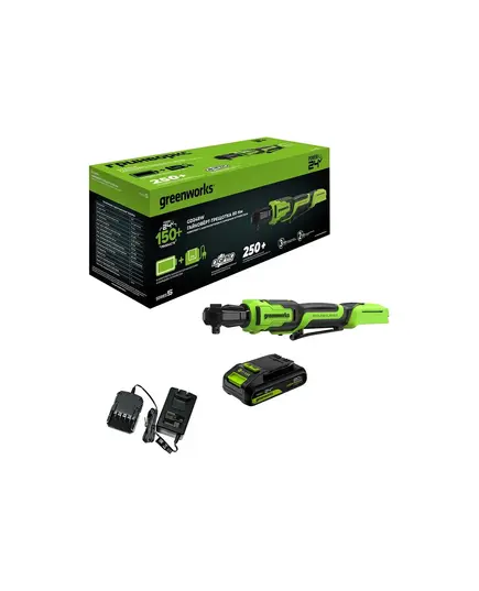Акк. гайковёрт-трещотка GREENWORKS GD24RW, 24В, 1x2Ач, 1/2", 80Нм, 70мм, 0-250об/мин, бесщеточная, LED-подсветка, сумка (3804007CUA), изображение 6