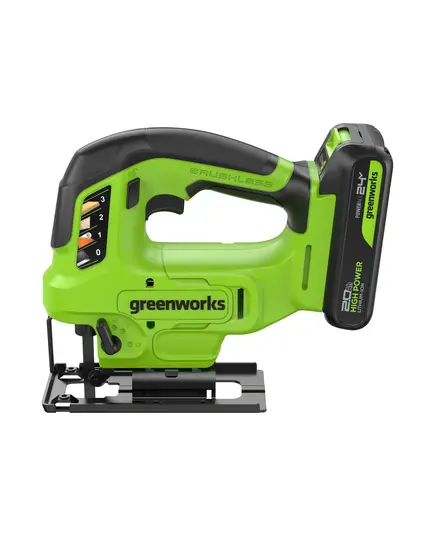 Акк. лобзик GREENWORKS GD24JS90, 24 В., б/щет, 90 мм, 0-3000/мин, 4 ст.маятник, LED, 1х4 Ач, ЗУ, кор (3601707CUB), изображение 2